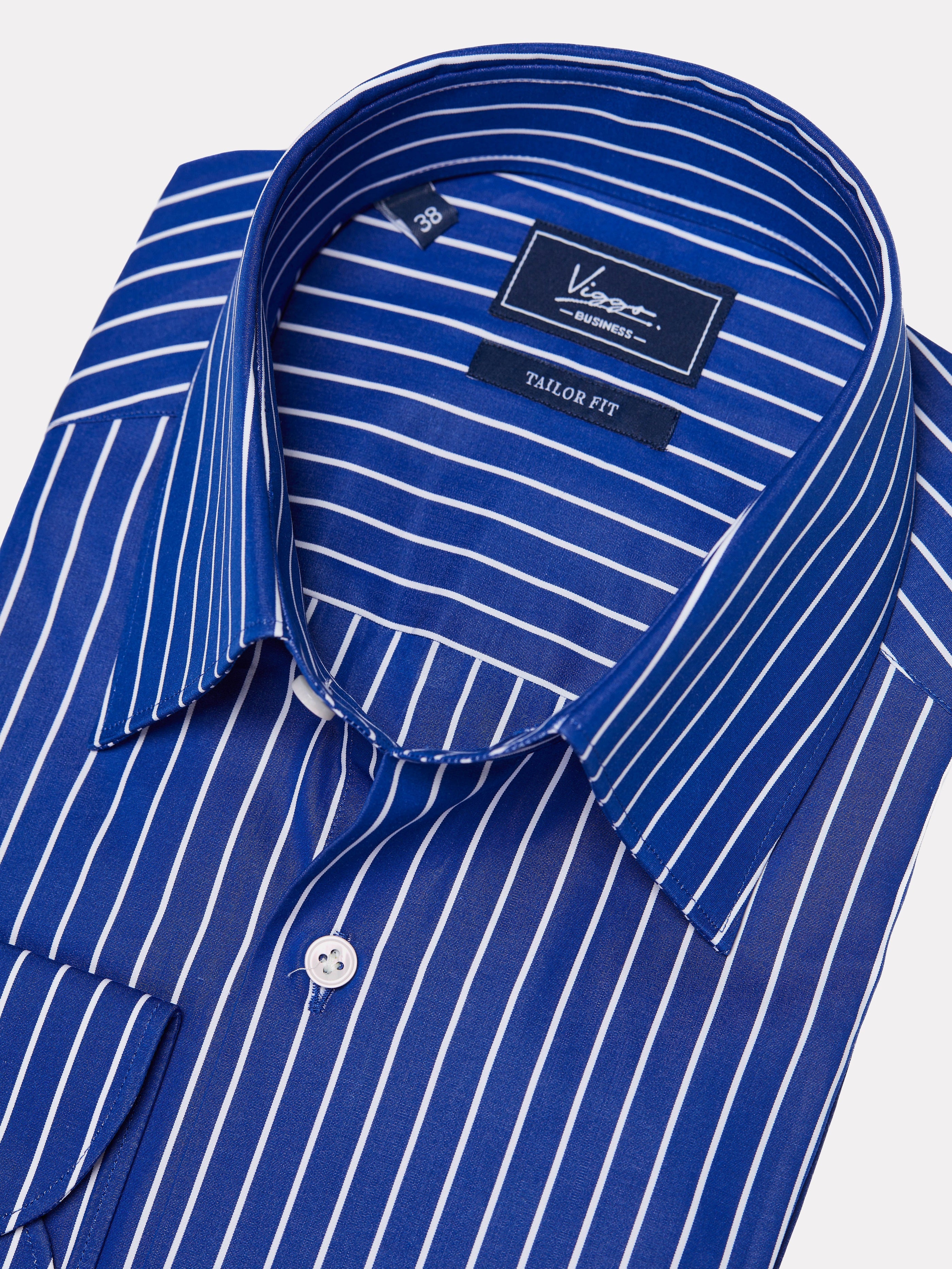 Electric blue shirt with white stripes