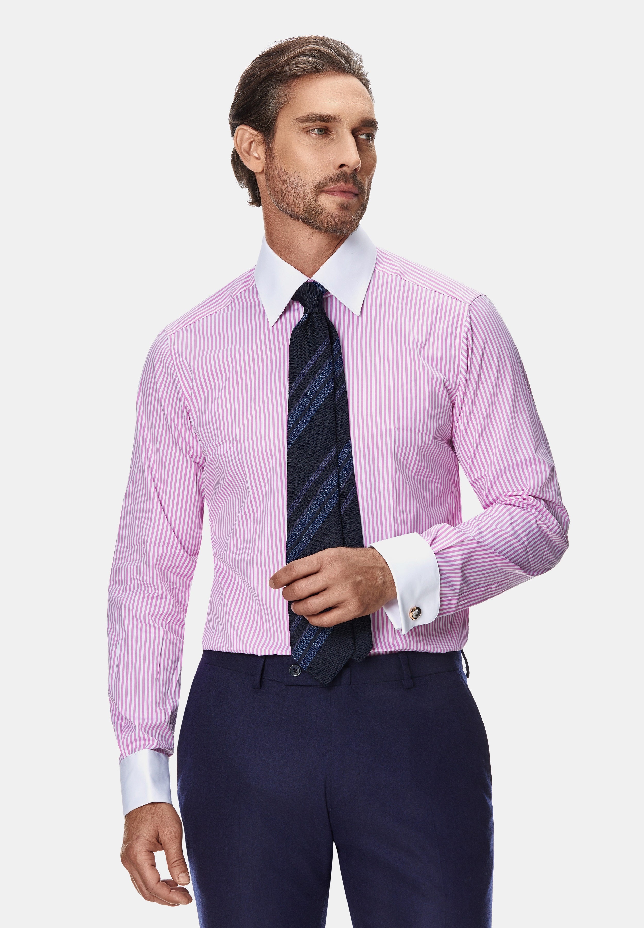 White shirt with pink stripes, button cuffs