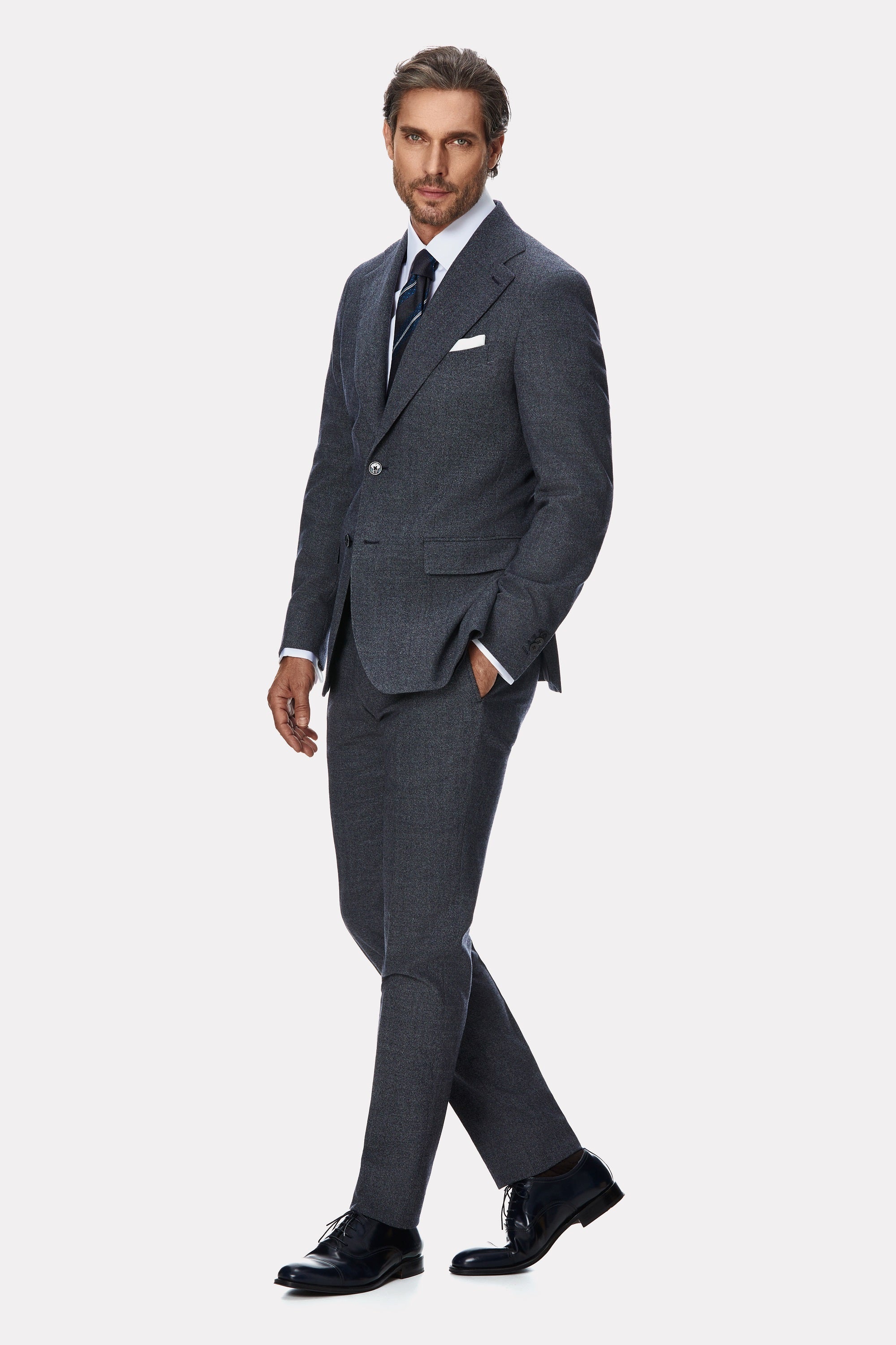 Two-piece gray flannel suit, textured