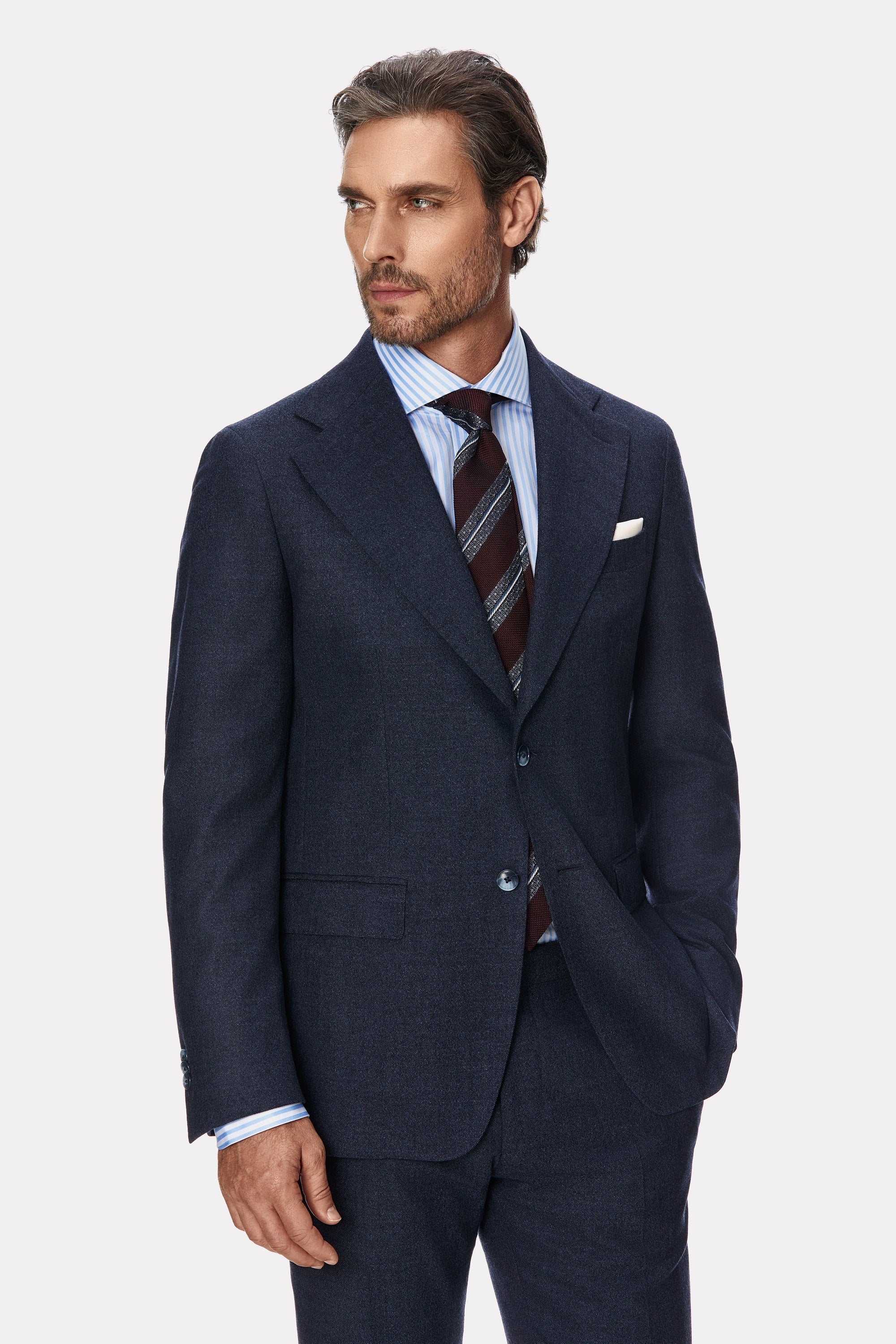 Two-piece navy blue flannel suit, textured