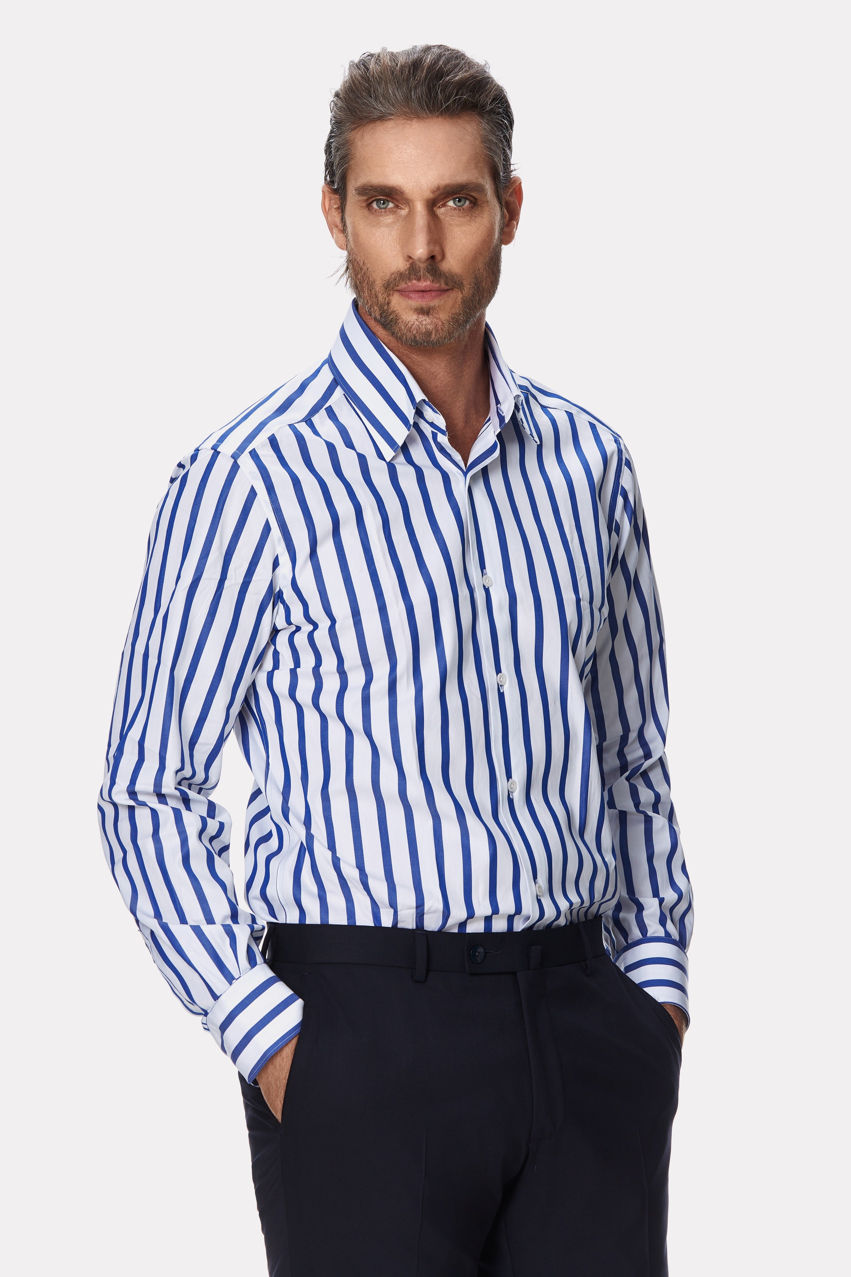 White shirt with wide blue stripes