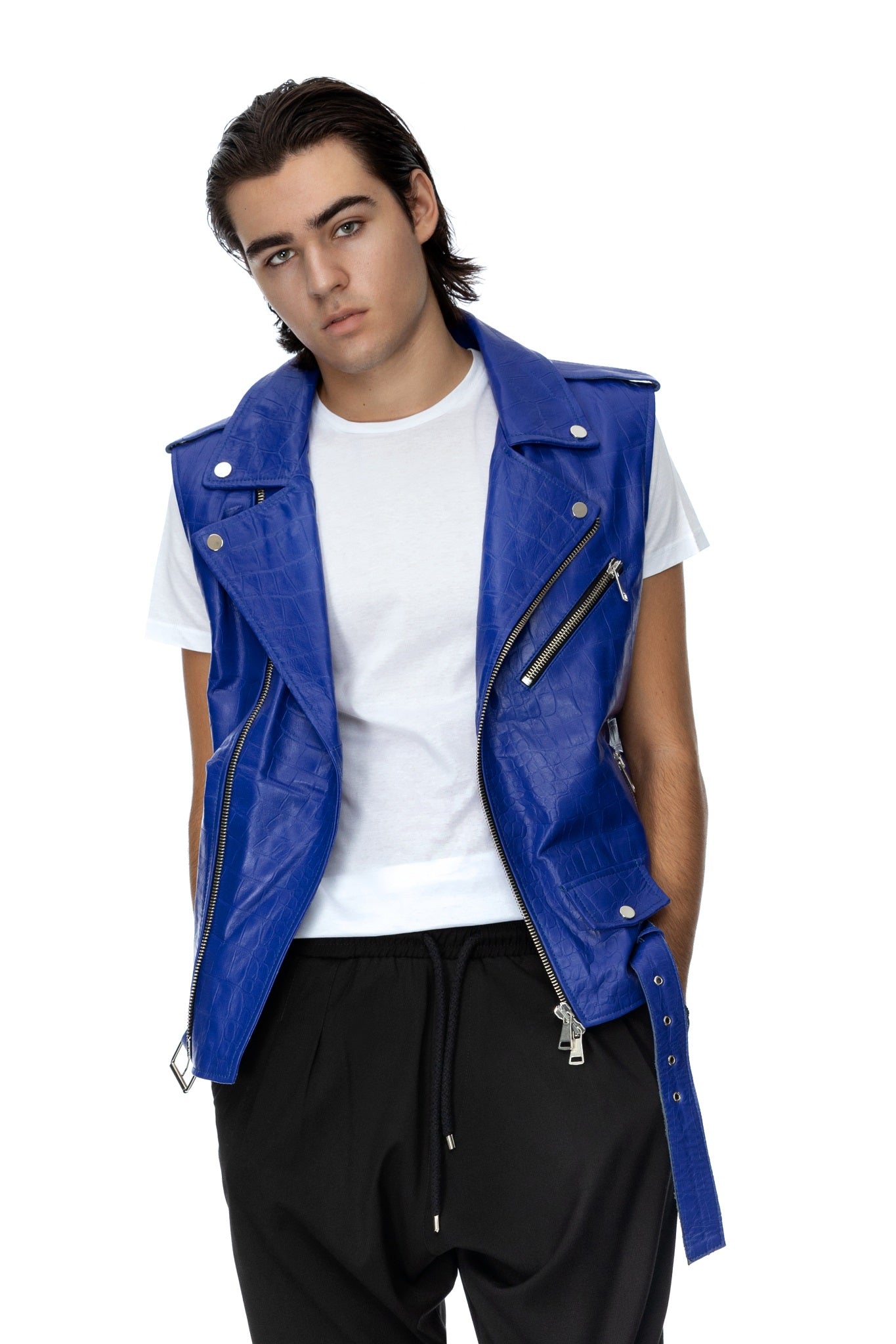 Gilet biker in pelle blu