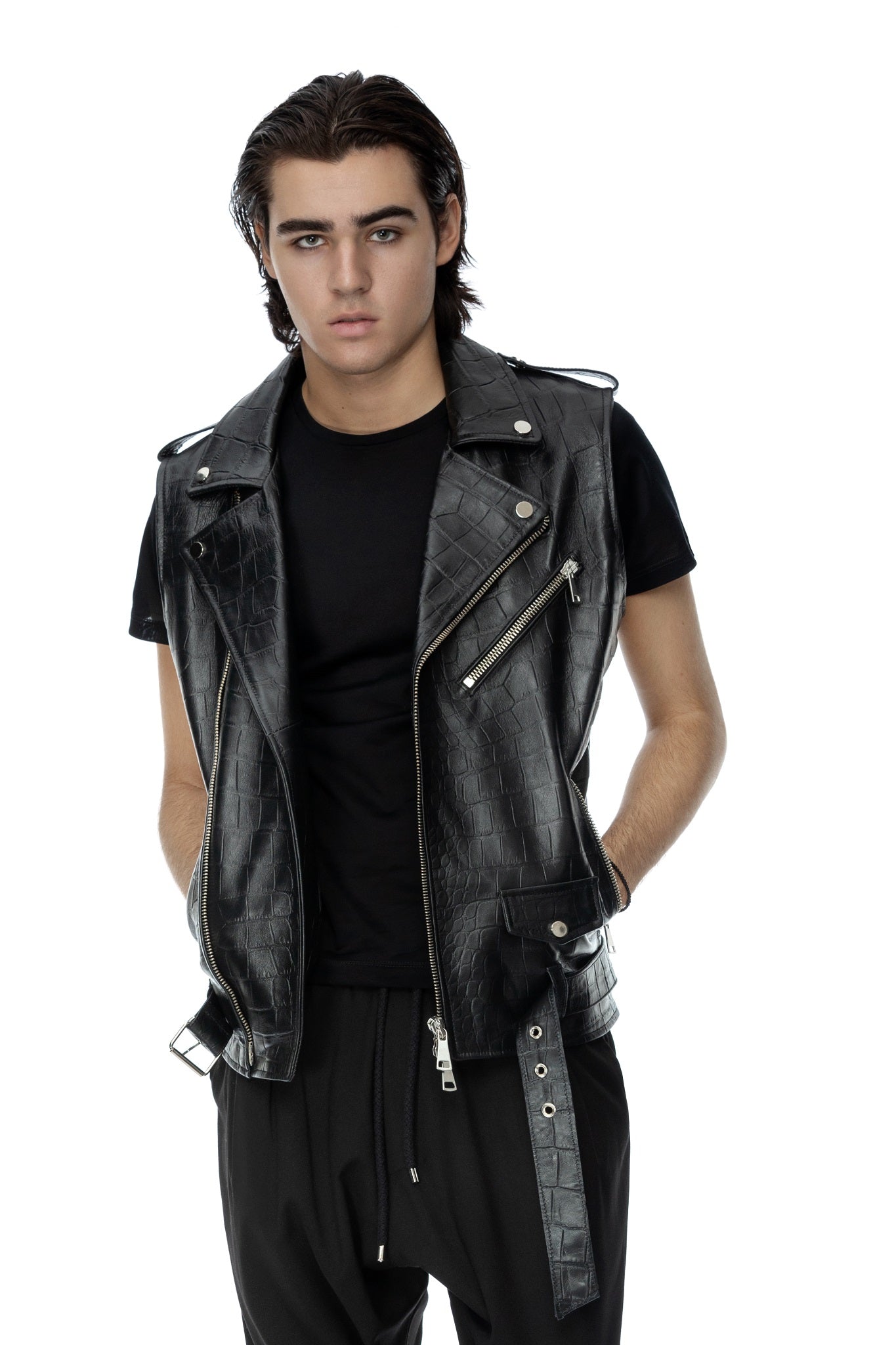 Black leather biker vest