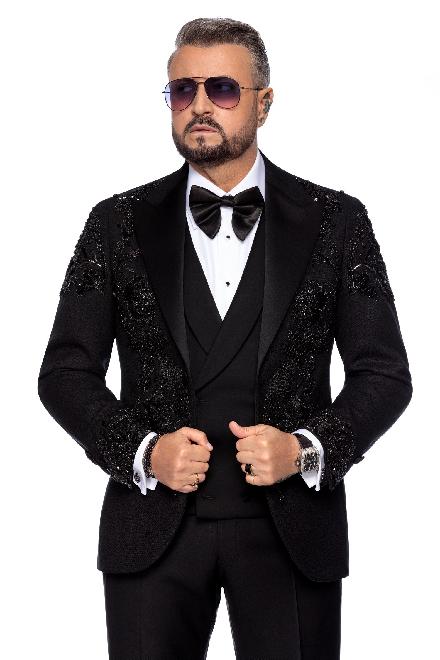 Wool tuxedo jacket with hand-applied embroidery