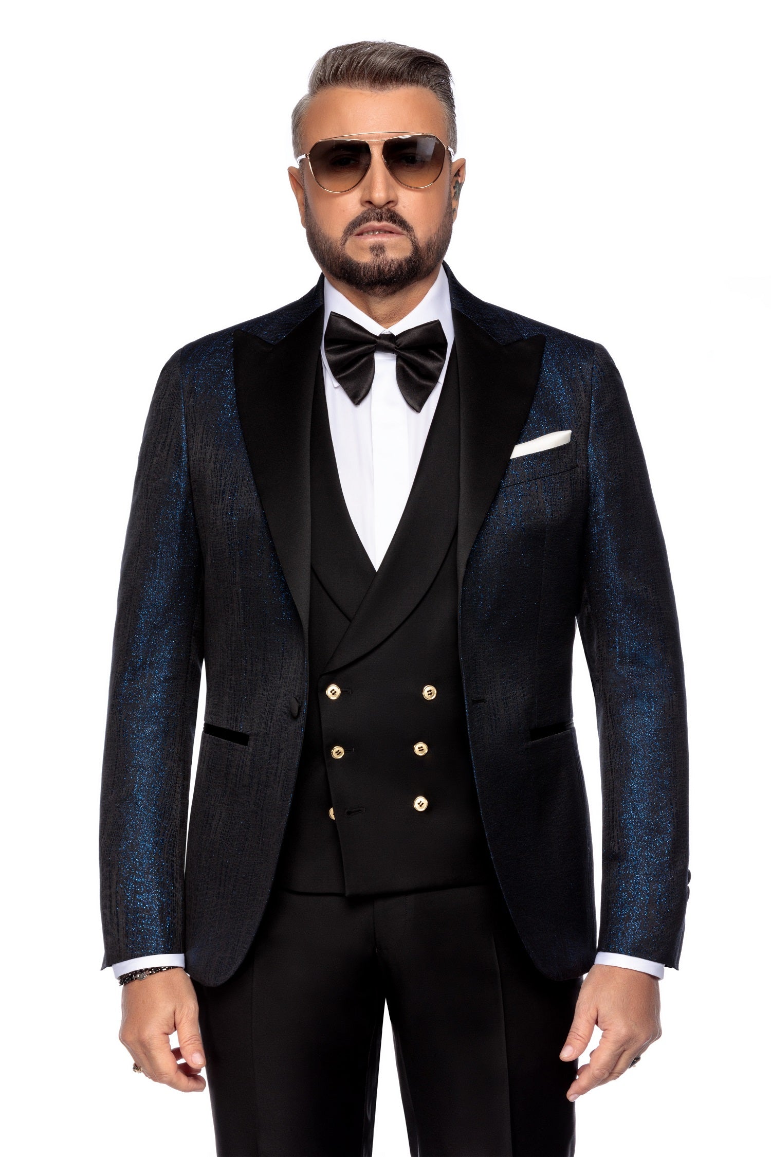 Navy blue tuxedo jacket with micro design