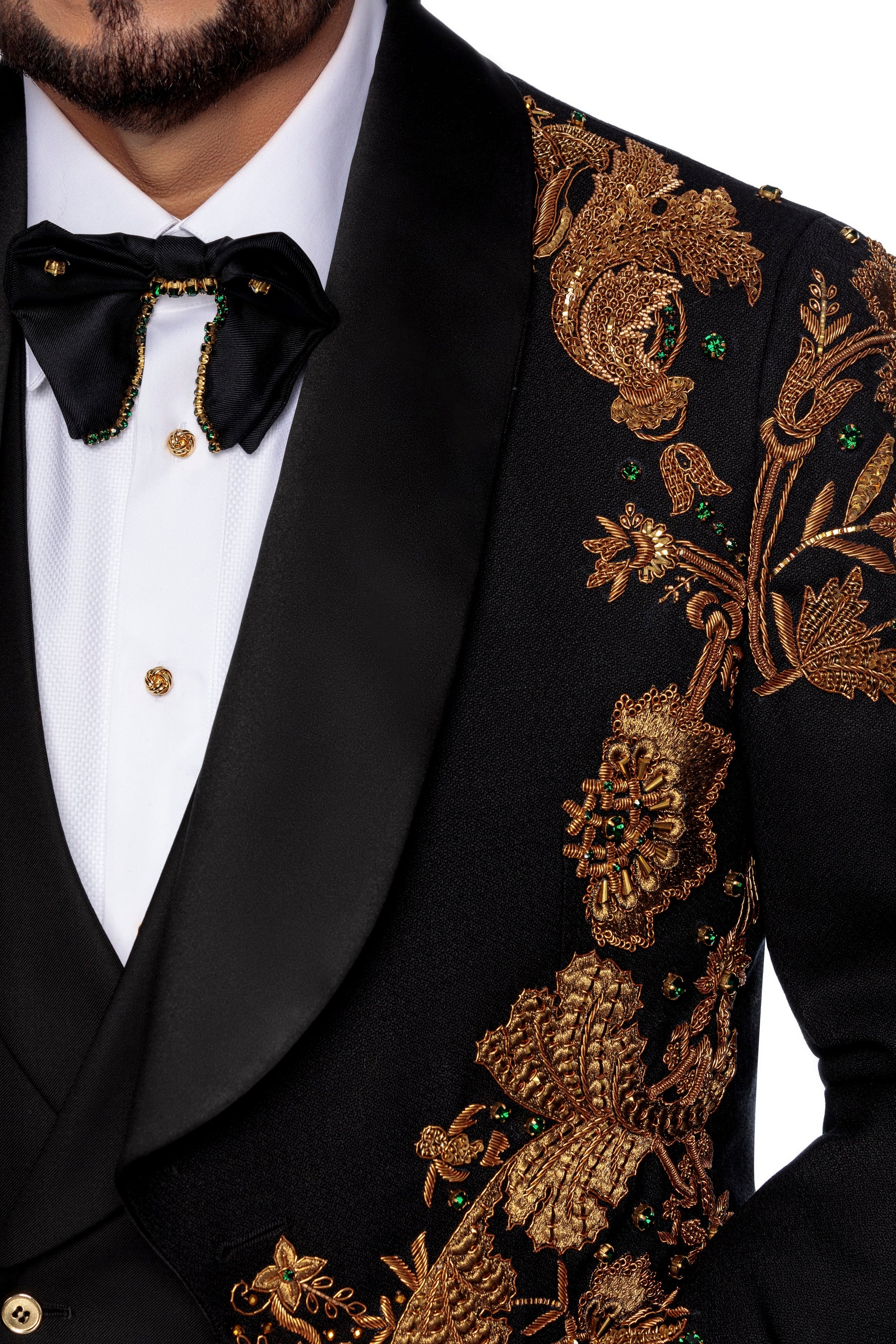 Wool tuxedo jacket with hand-embroidered bronze, sal lapel