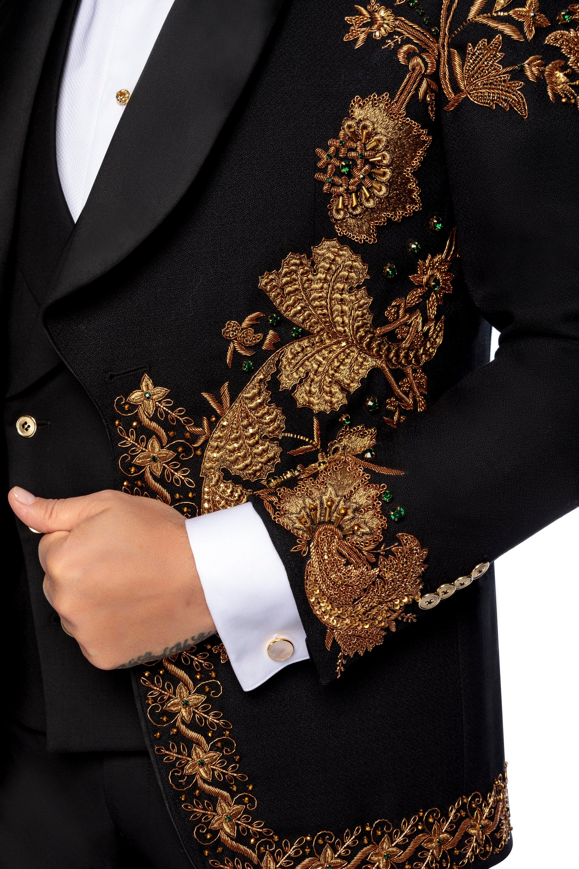 Wool tuxedo jacket with hand-embroidered bronze, sal lapel