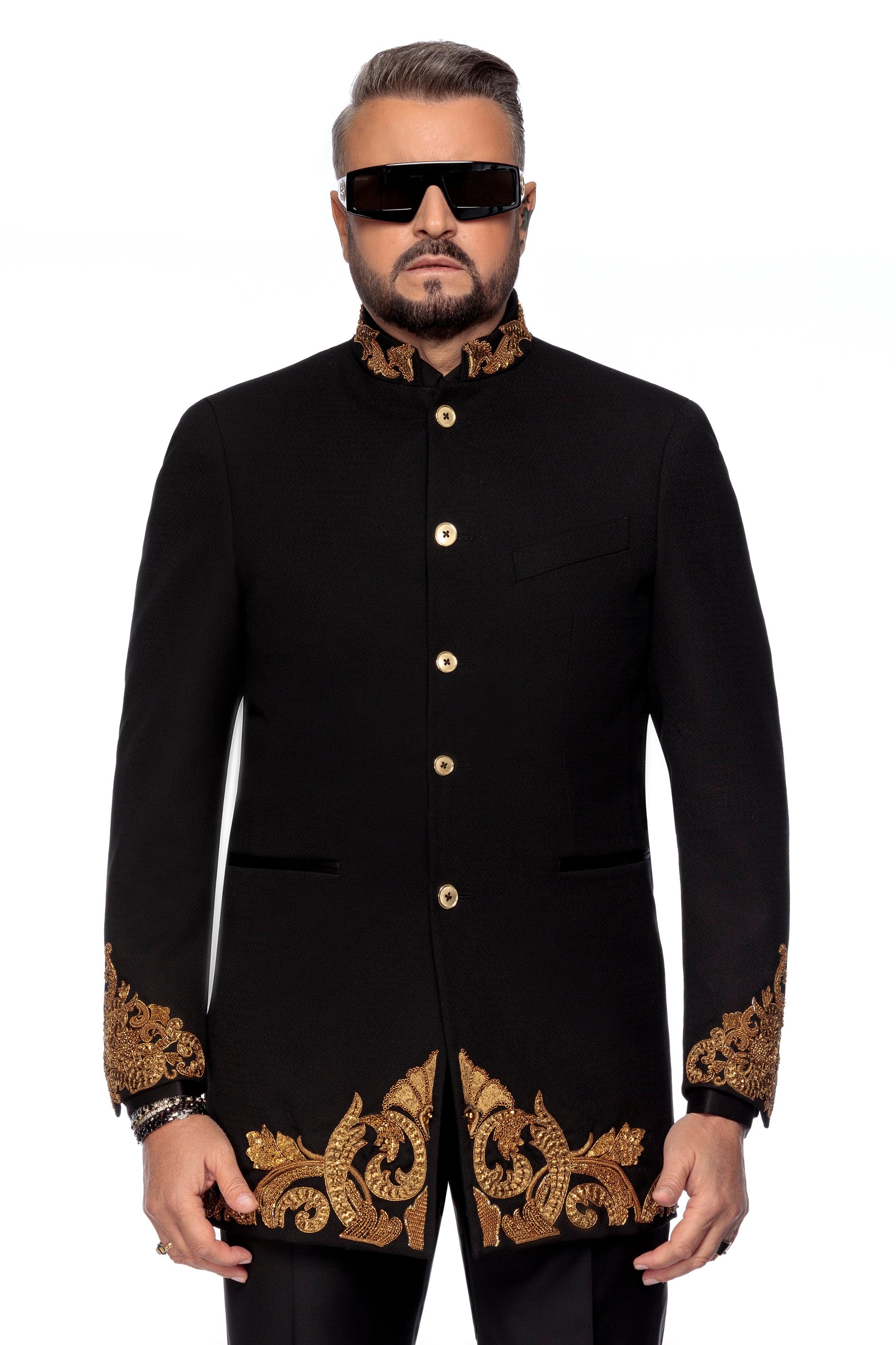 Wool frock coat with manual embroidery