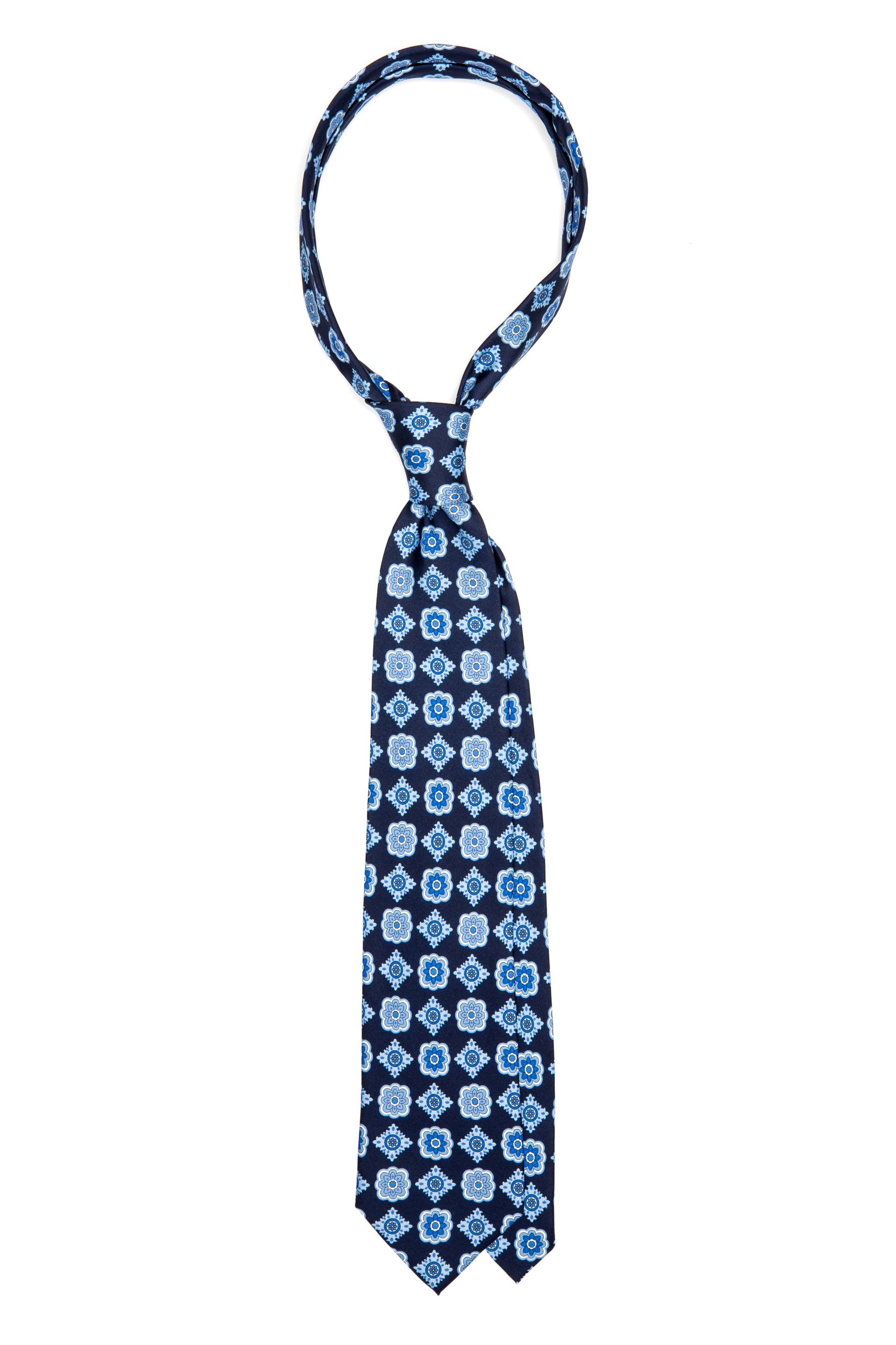 Cravatta in seta blu navy con disegno floreale