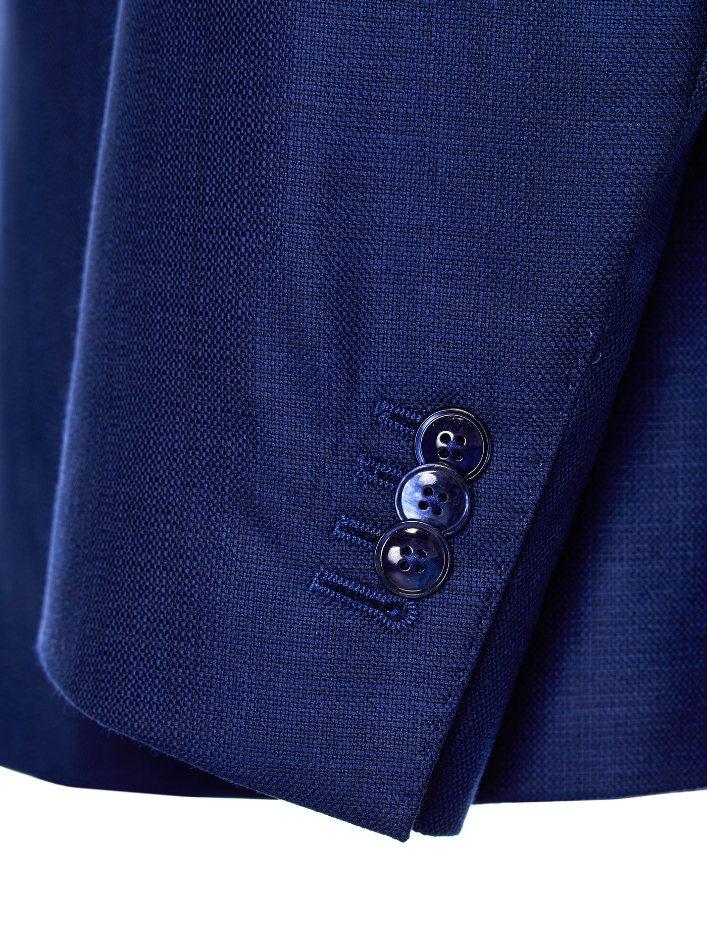 Navy blue two-piece suit with fine texture, tailored fit