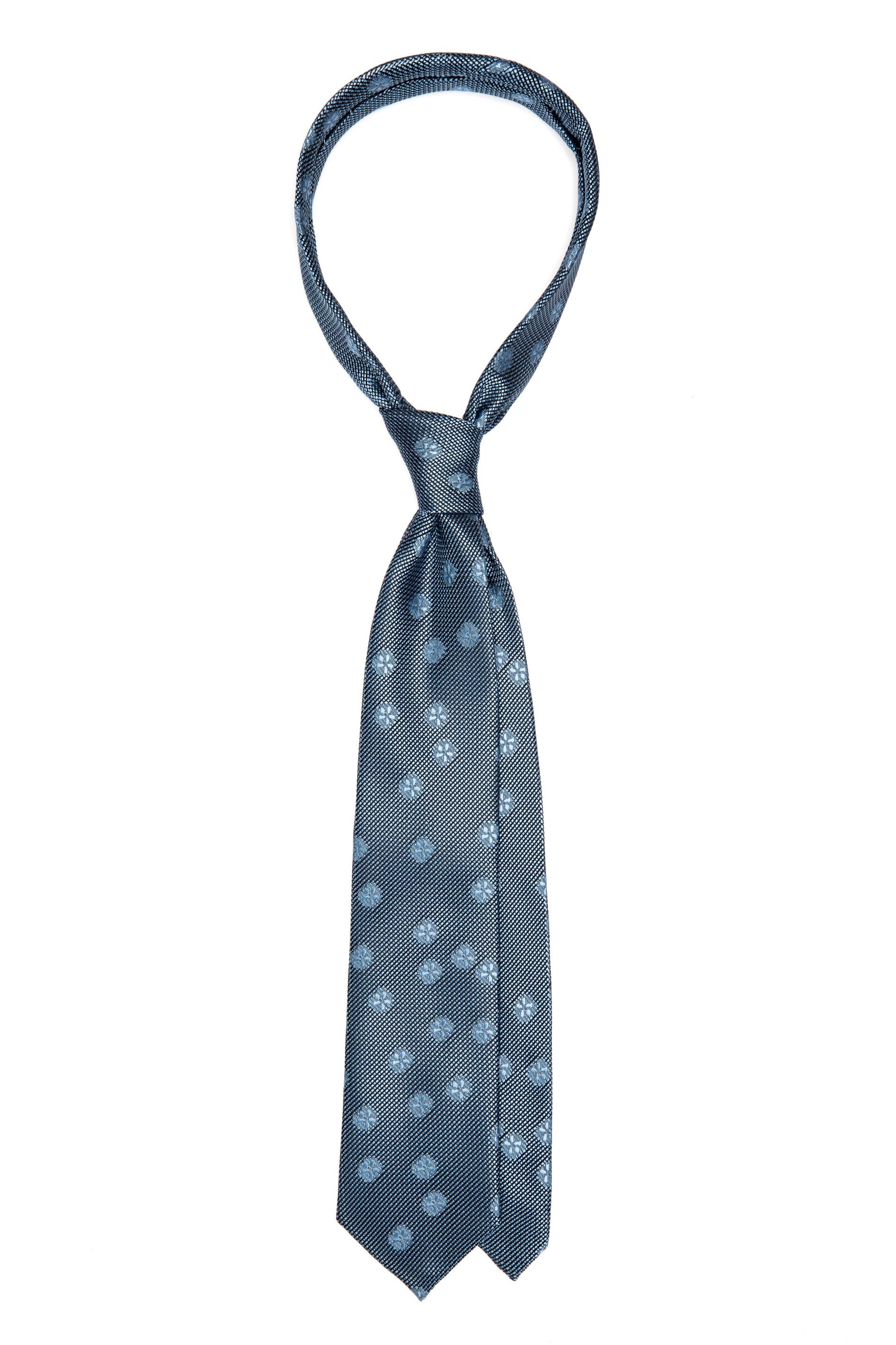 Cravatta in seta blu testurizzata con stampa floreale