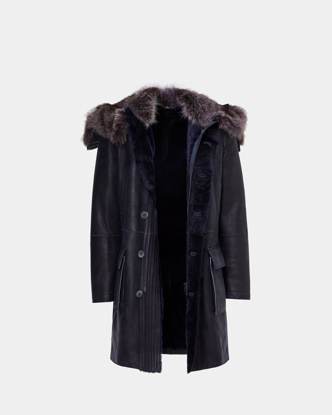 Navy leather coat with marmot fur