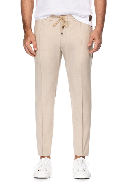 Beige trousers with a drawstring at the waist