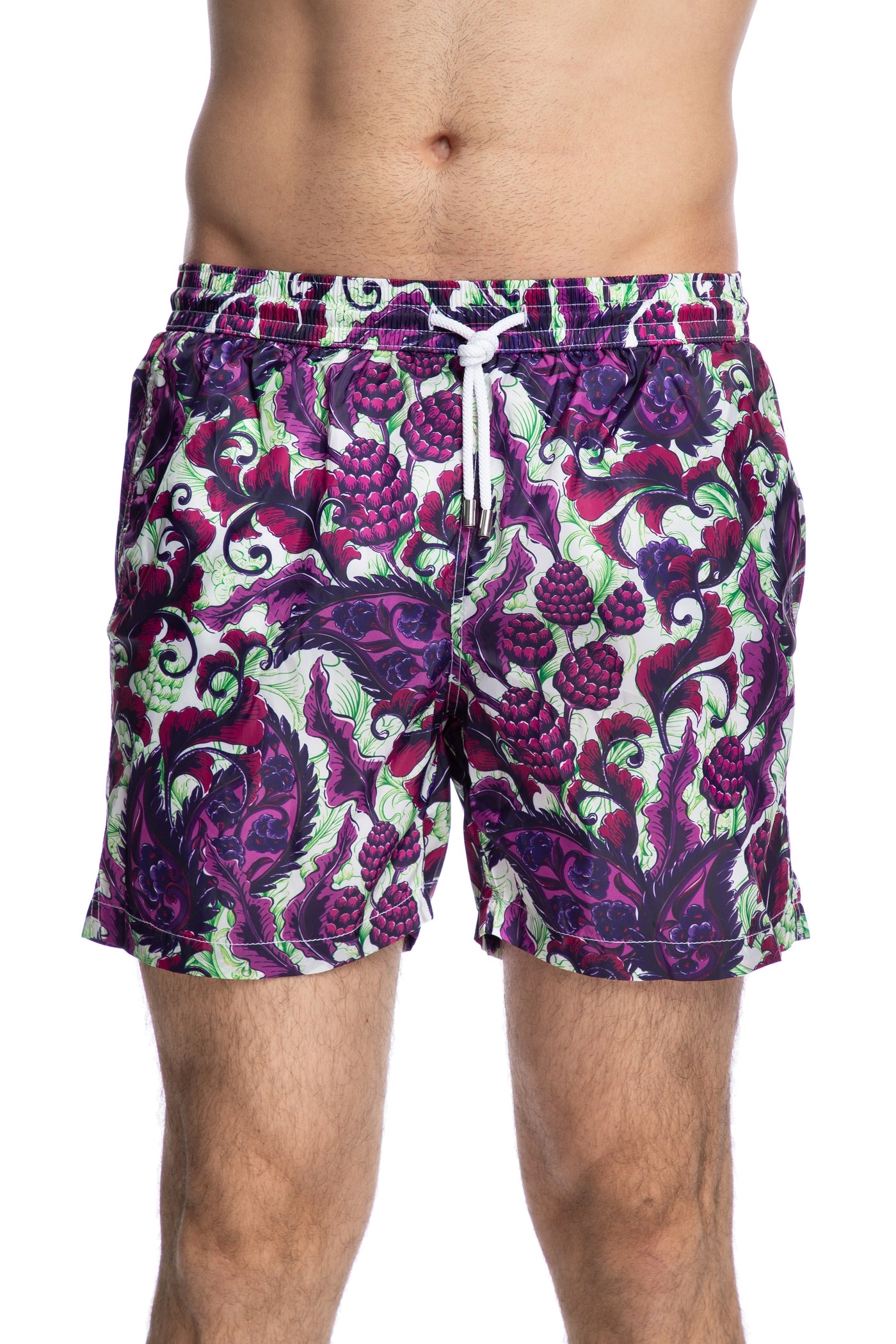 紫と緑のペイズリー柄の水泳パンツ