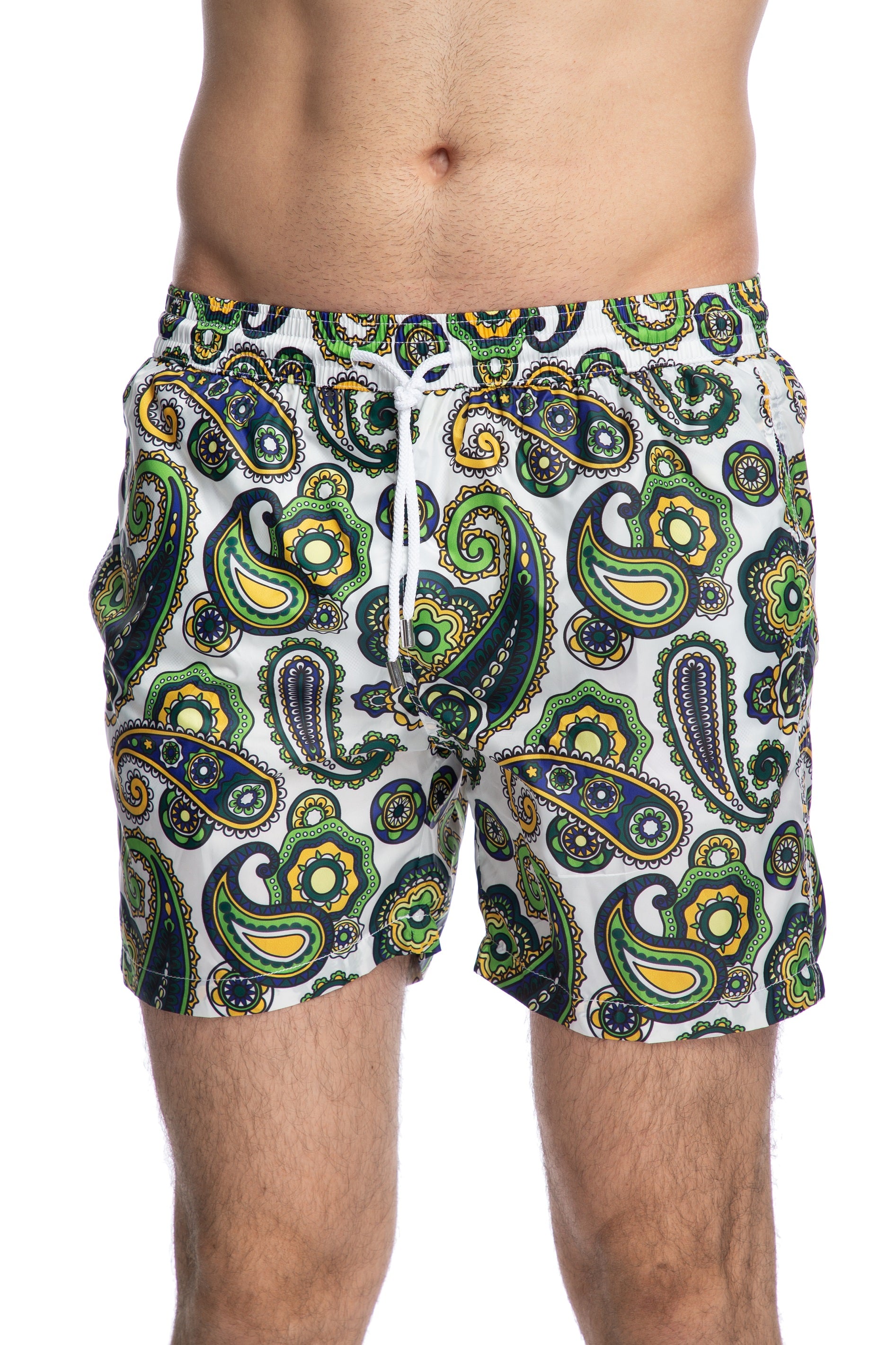 Green and purple swimming shorts