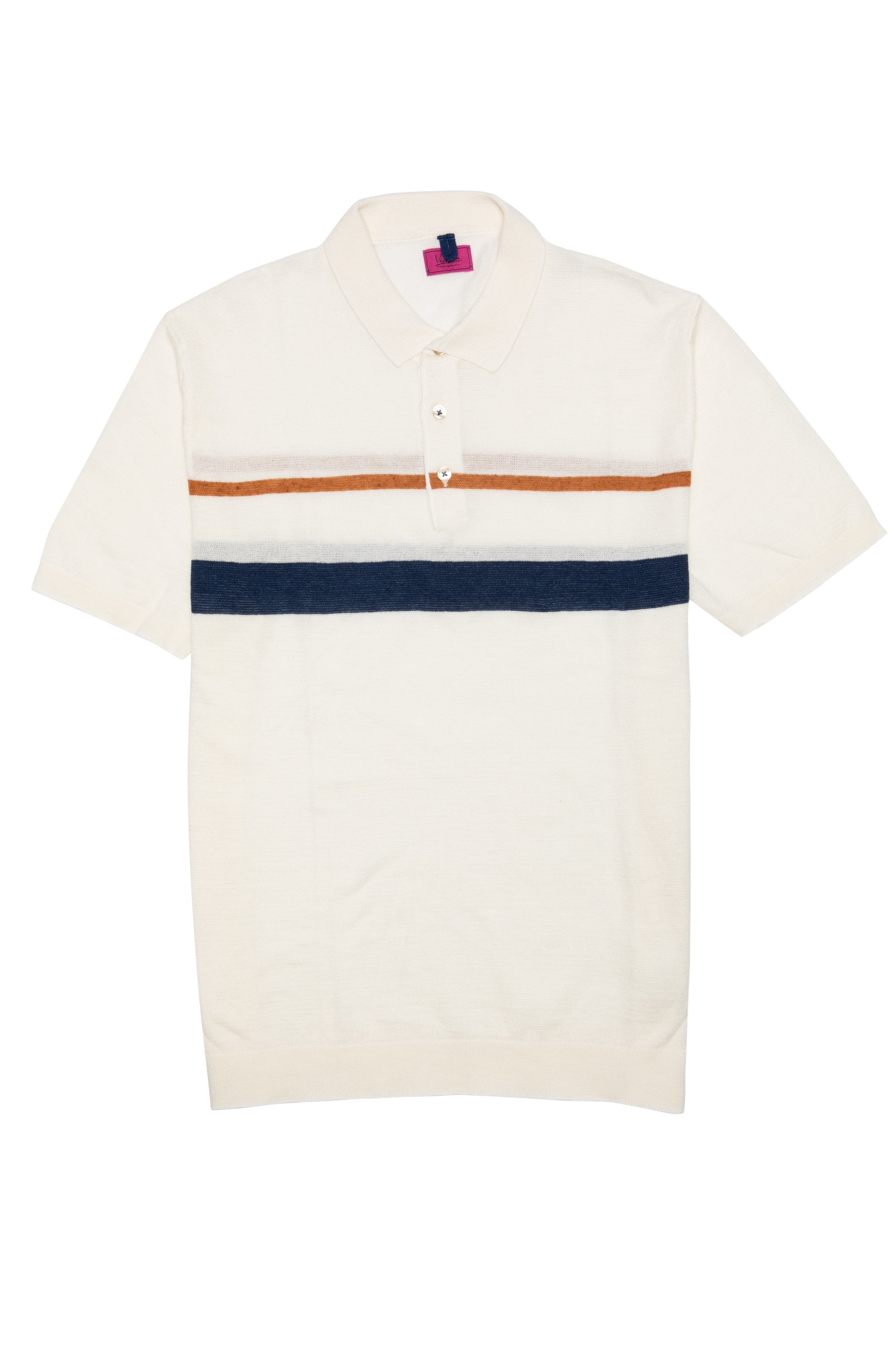 Casual white t-shirt with navy blue and brown stripe and polo collar