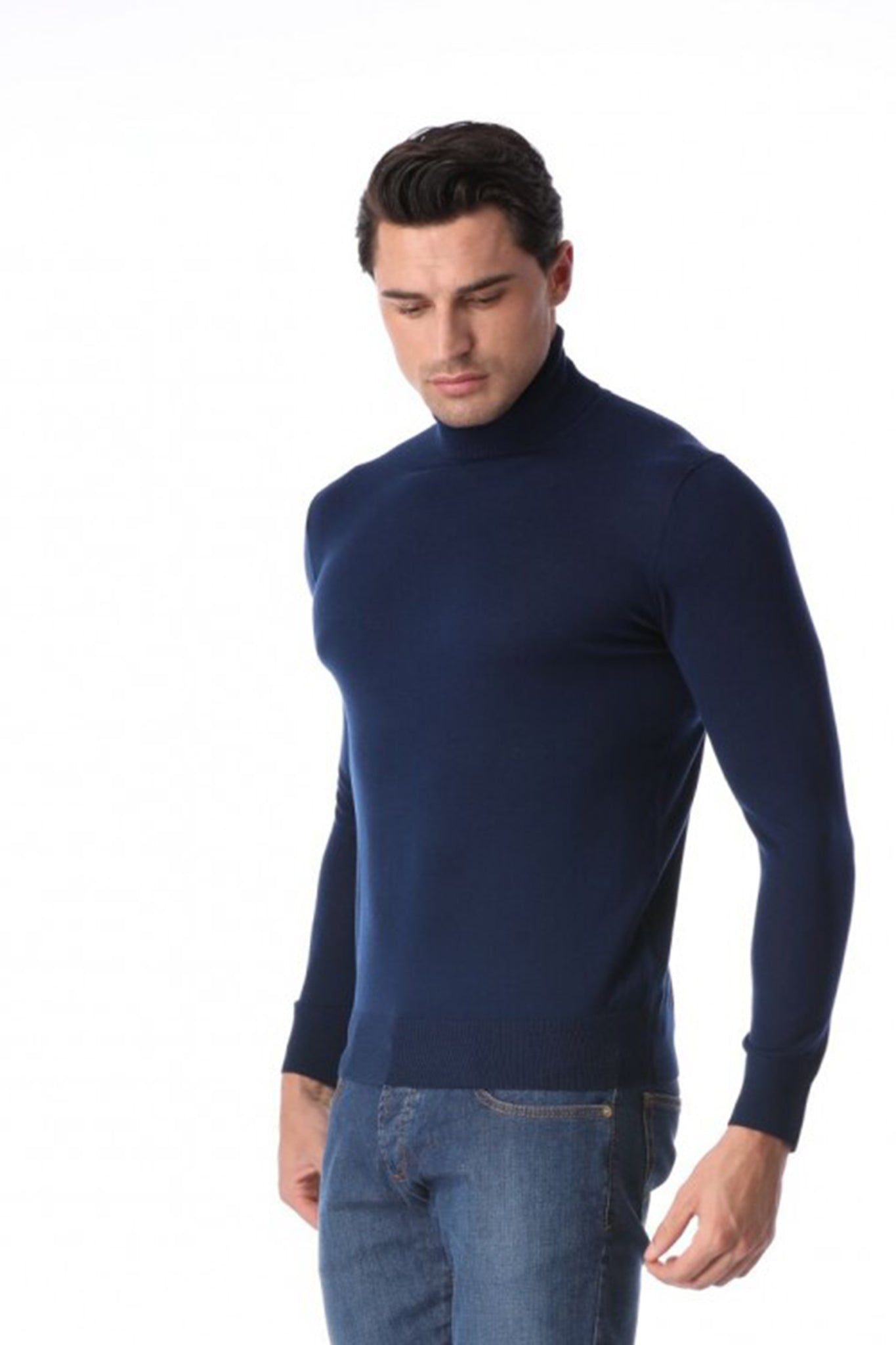 Camicetta con collo in lana merino blu navy