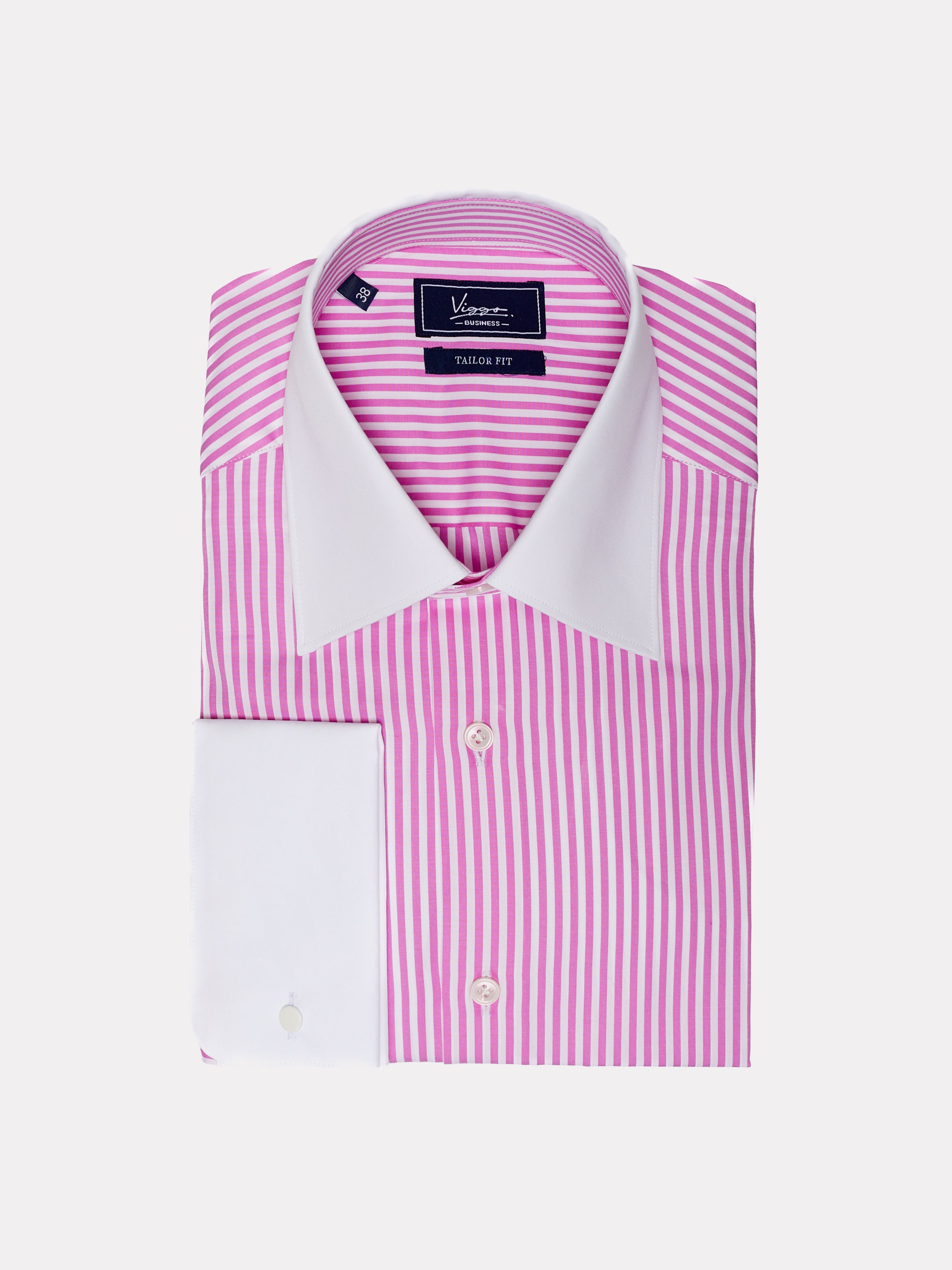 Camicia bianca a righe rosa, polsini con bottone