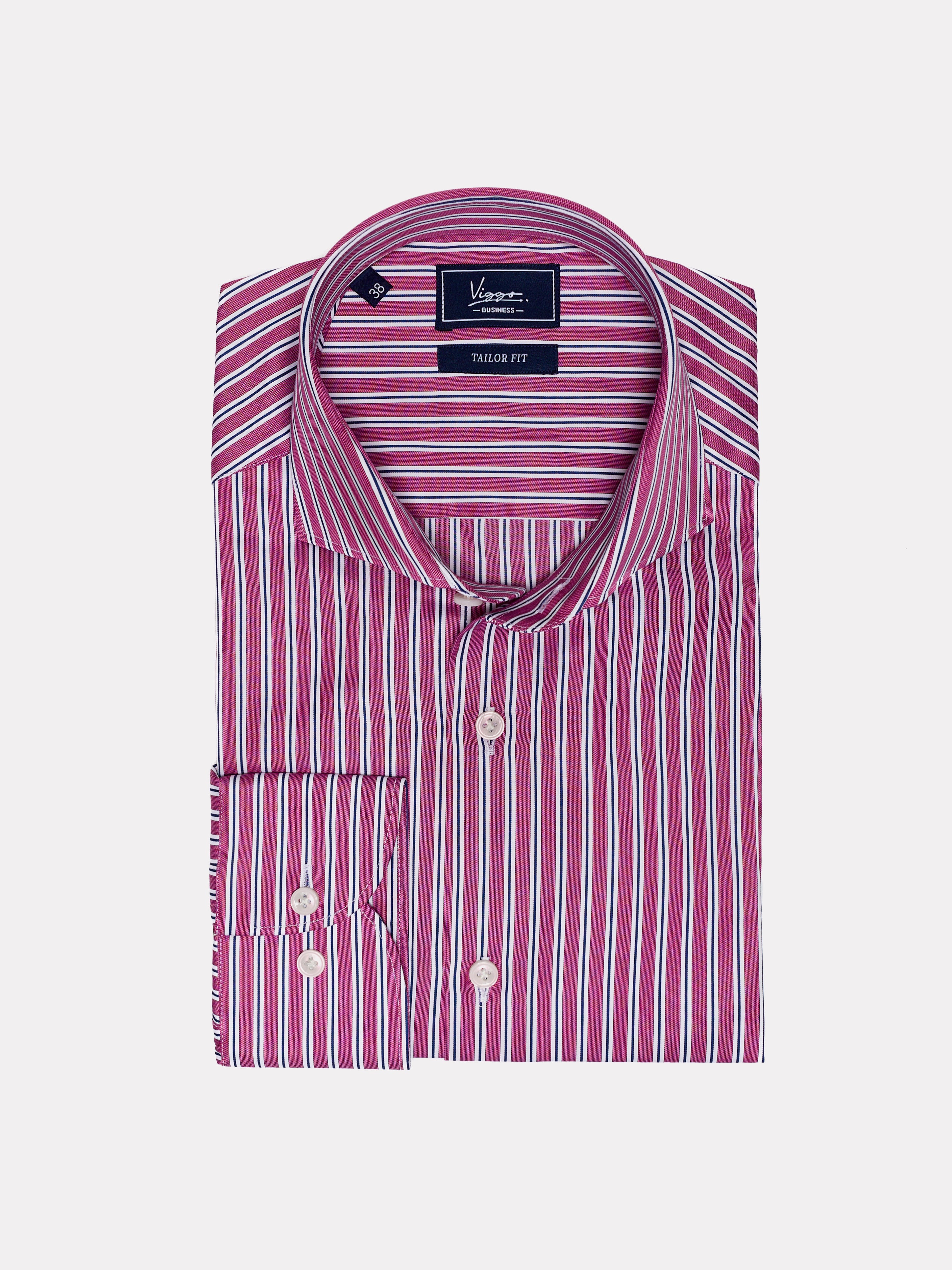 Pink shirt with white and navy stripes