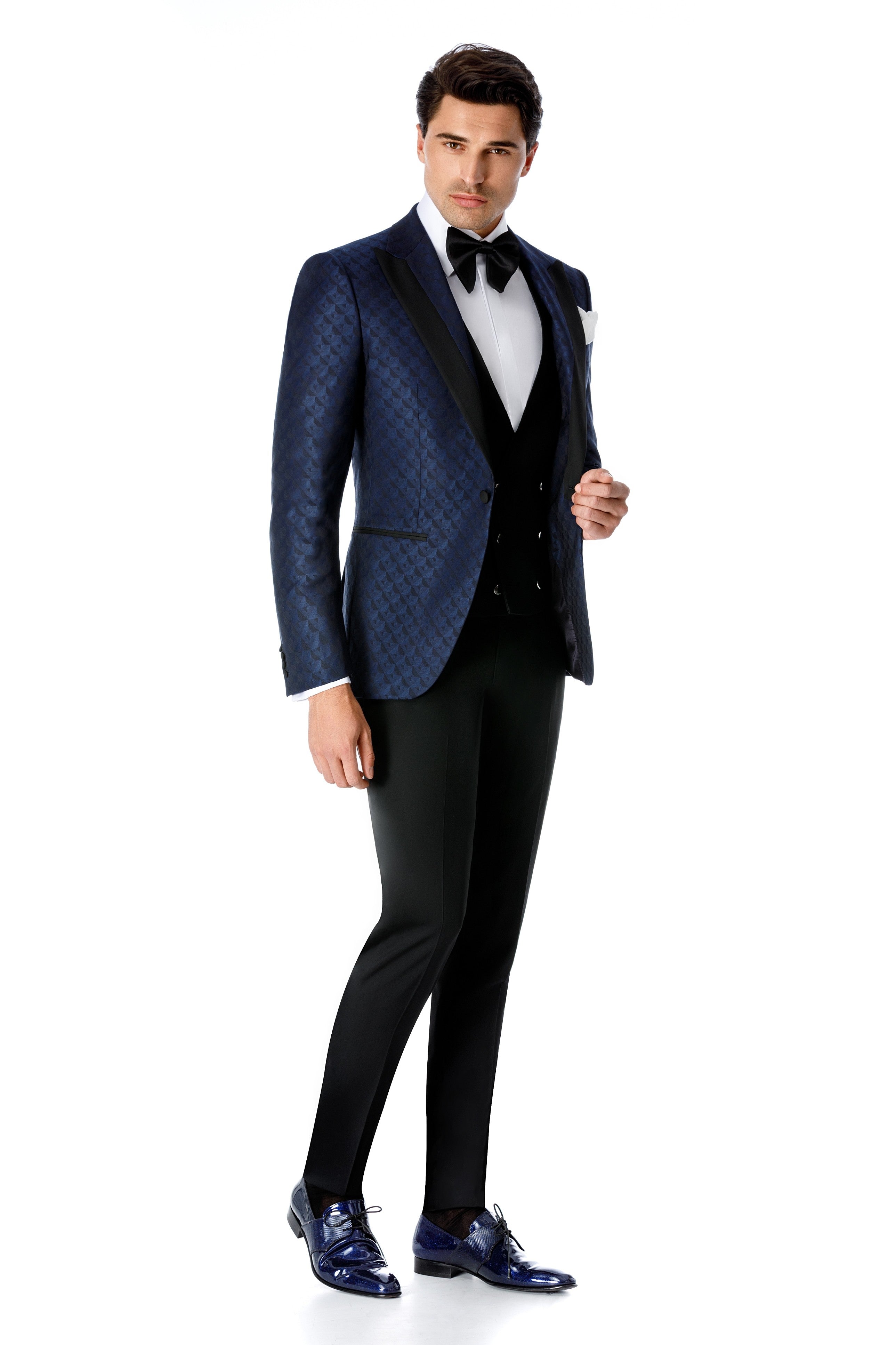 Navy tuxedo jacket with graphic design