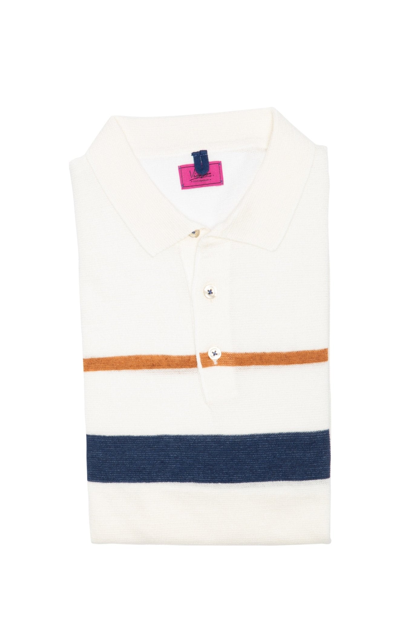 Tricou casual alb cu dunga bleumarin si maro si guler polo - Viggo