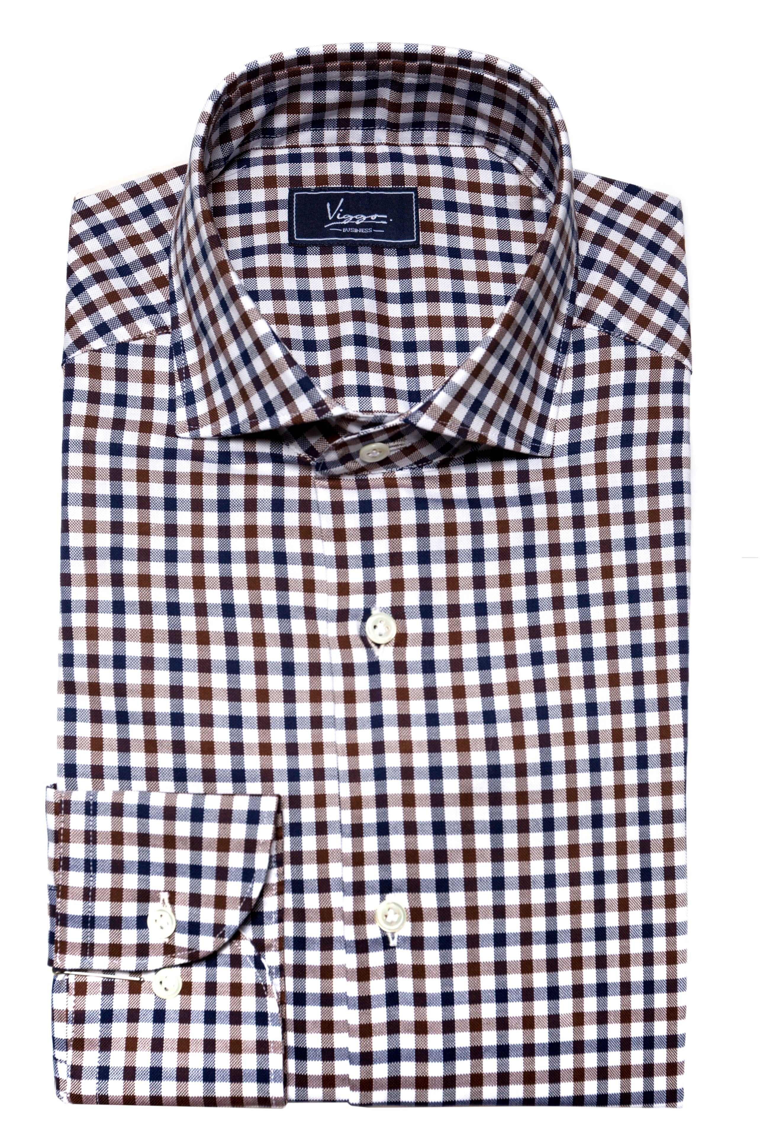 White shirt with blue and brown squares
