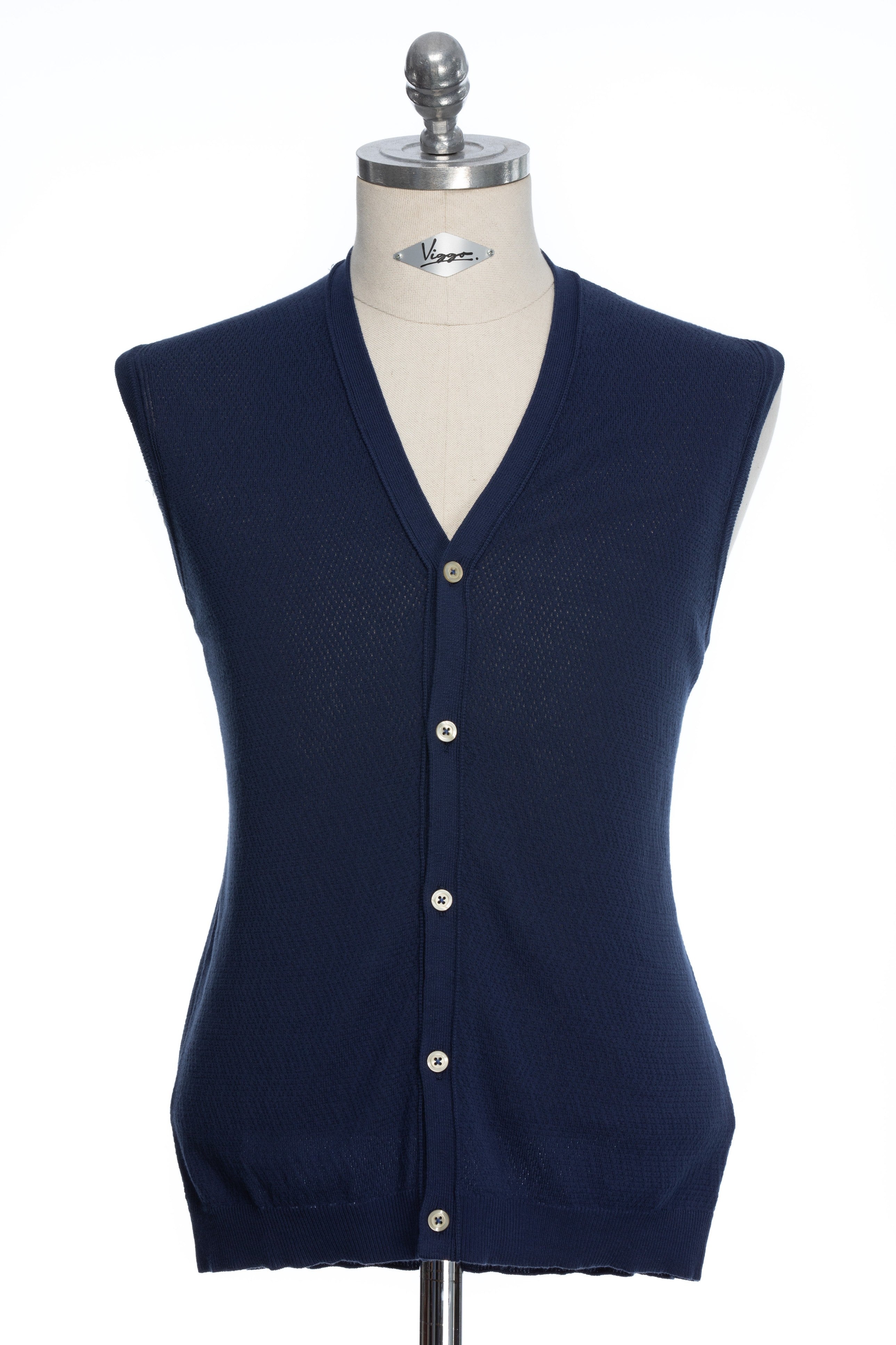 Navy Blue Textured Casual Vest With Buttons