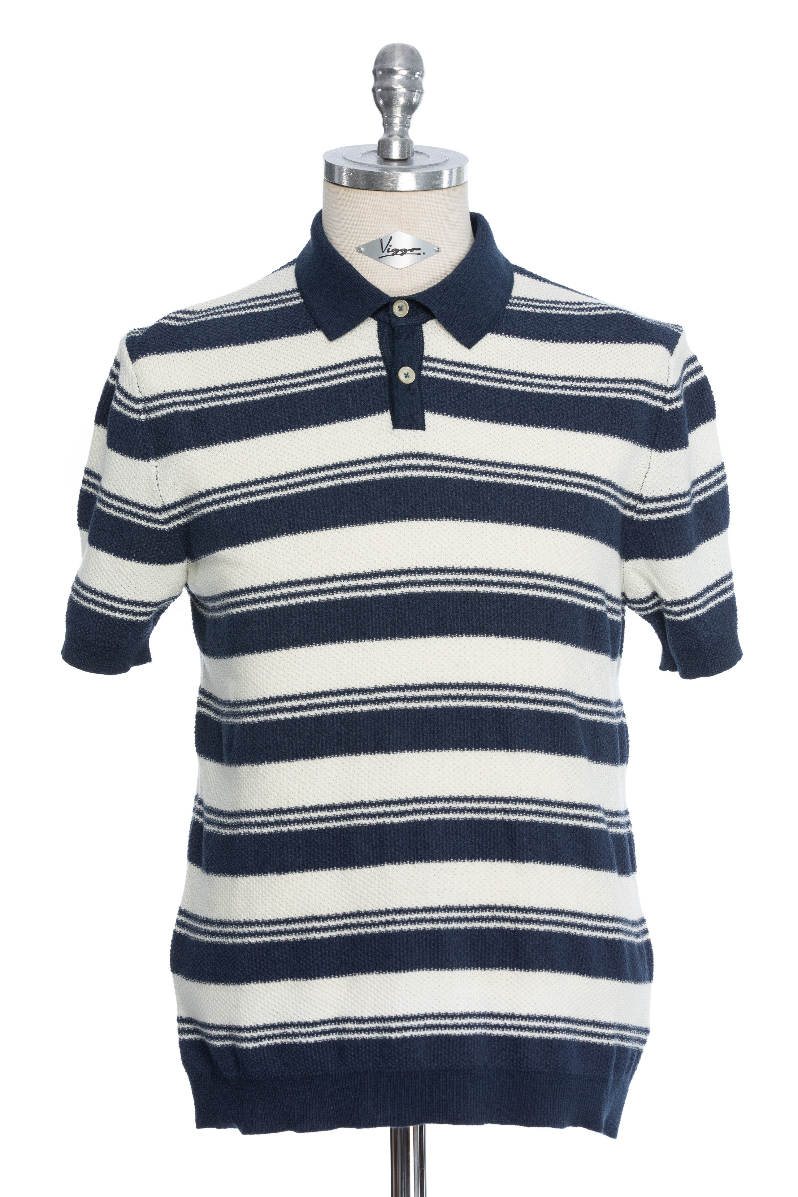 Navy Blue Casual T-Shirt With Wide White Stripes And Polo Collar