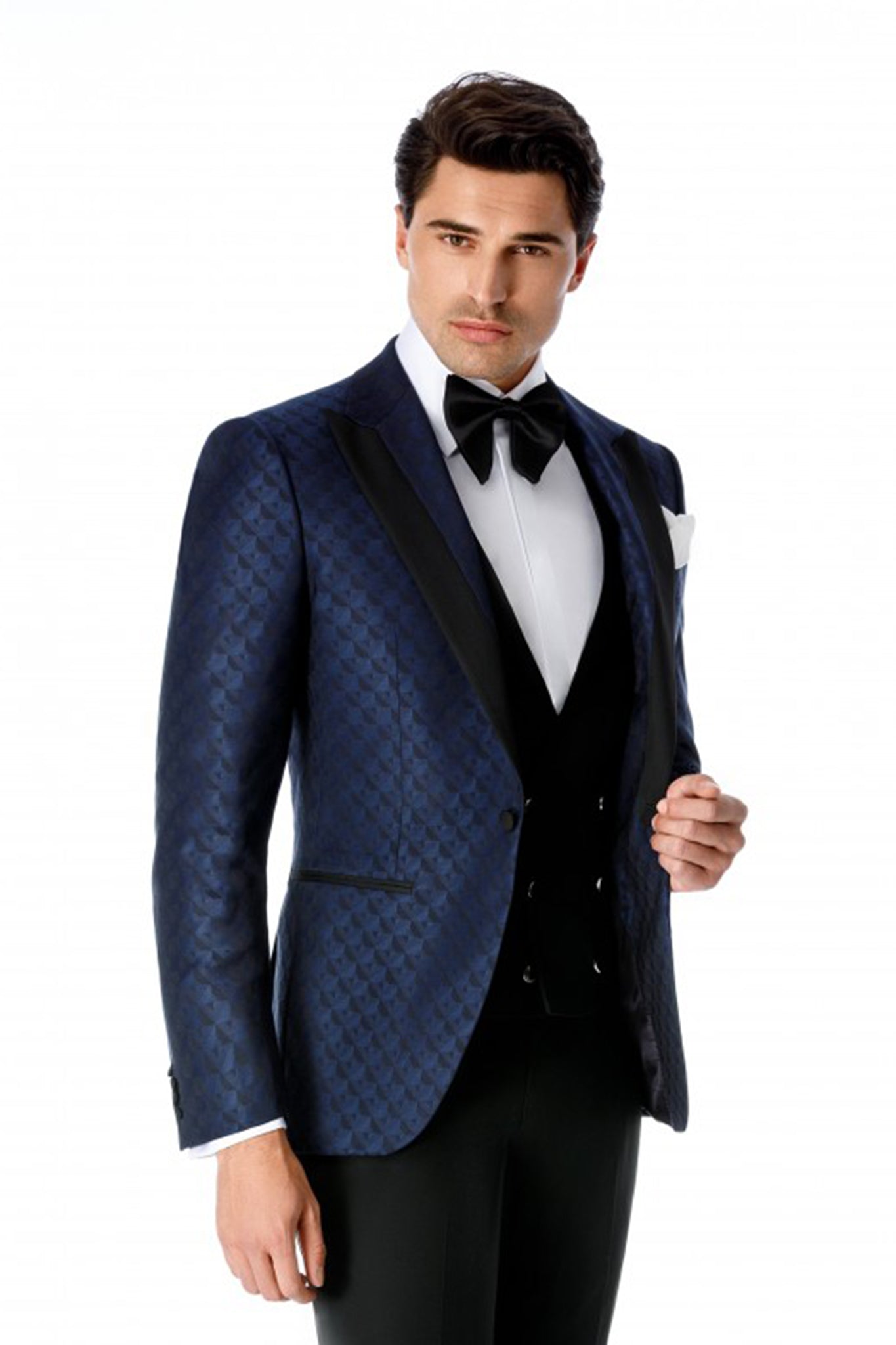 Navy tuxedo jacket with graphic design