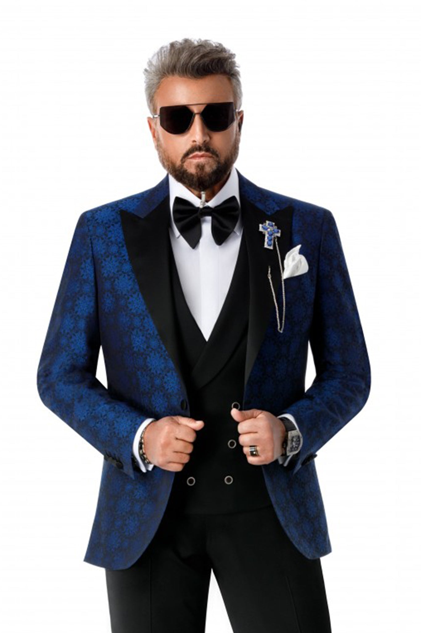 Blue jacquard floral tuxedo jacket