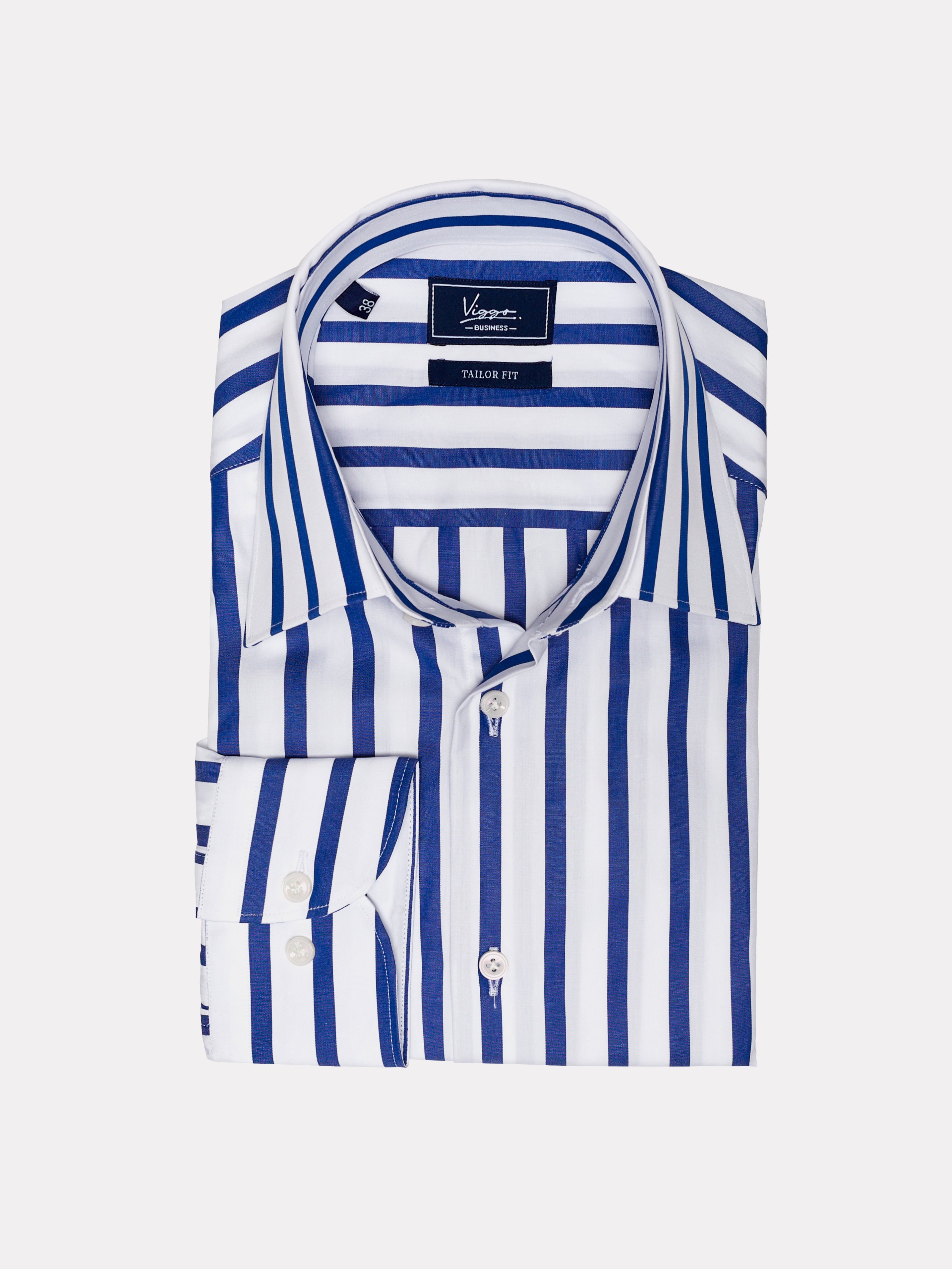 White shirt with wide blue stripes